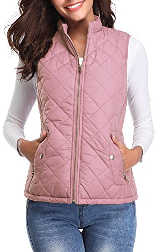 fuinloth Manteaux Sans Manches Femme, Léger Automne Doudoune Zippé Veste Hiver Gilet Rose XL