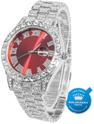 Halukakah Diamant Golduhr, Herren Platin Weiß Vergoldet 42MM Breite Rot Wählen Quarz Armband 24cm, mit Geschenkbox