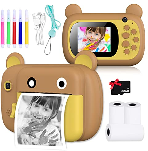 SUPBRO Kinderkamera 2.4 Zoll HD Bildschirm Print Sofortbildkamera 1080P mit 32GB TF Karte für 4 5 6 8 7 9 10 Jahre alte Jungen Mädchen Kinderkamera mit USB Ladekabel Multifunktionskamera Spielzeug Bär