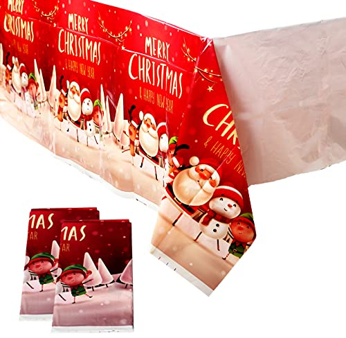 2 Stück 130 x 220 cm große Weihnachts-Einweg-Tischdecke aus Kunststoff, rechteckige Tischdecke, Weihnachtsthema, wasserdichte Tischdecke, Weihnachtsfeier, Tischdekoration