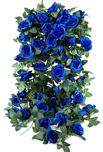 Künstliche Blumen, Girlande, Kunstblumen, Rosenranke, lebensechte Seide, dekorative Wandbehang, für Hochzeit, Fußbogen, Tür, Arrangement, Party, Garten, Zuhause, Schlafzimmer, Büro, Blau, 4 Stück