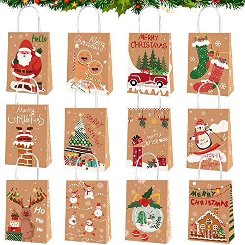 12 Stück Weihnachts Kraft Geschenktaschen,Geschenktüten Weihnachten,Weihnachtsgeschenktüten,Weihnachtsgeschenktüten Wiederverwendbar,Weihnachtspapiertüten mit Henkel (C)