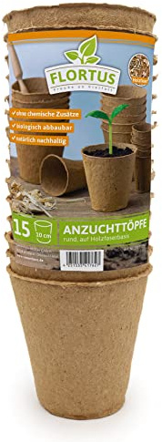 FLORTUS 10 cm Anzuchttöpfe rund auf Holzfaser Basis | 15 Stück | Pflanztöpfe für nachhaltige Gartenarbeit | 100% biologisch abbaubar, torffrei | Ideal für die Aussaat von Gemüse, Obst und mehr