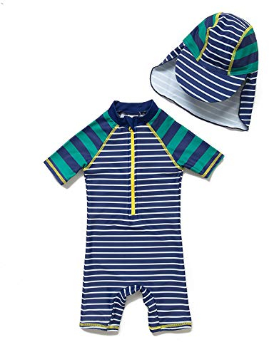 ADAVERANO Baby Jungen Sonnenanzüge UV50+ Badebeklideung EIN-Stück mit kurzen Sleeves mit Sonne Hut.(Grüne Streifen,92-98Cm)