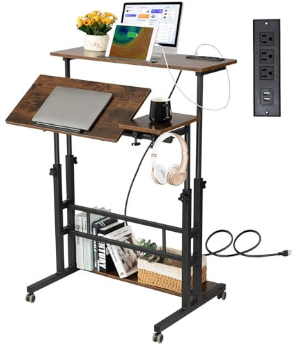 Hadulcet Mobile Standing Desk with Charging Station, Stand Up Laptop Desk Mobile Workstation for Home Office Classroom with Wheels, 31.49 x 23.6 in Rustic Brown