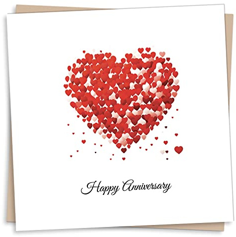 Greeting Card – Happy Anniversary Red Heart Design – Blank Inside (135 x 135 mm) – Made in UK – with Envelope
