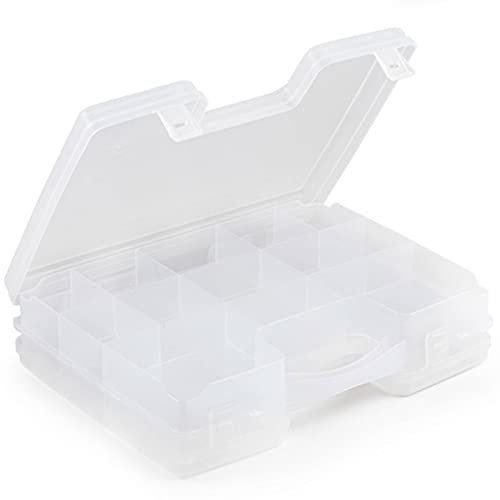 Tradineur - Maletín organizador doble con asa y 21 compartimentos, polipropileno, almacenamiento de herramientas, tornillos, accesorios pesca, fabricado en España (Transparente, 20,5 x 27,5 x 6,5 cm)
