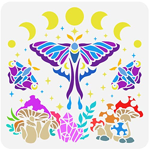 FINGERINSPIRE Mondphase Schablone 30x30cm Luna Motte Malerei Schablone Pilz Schablone Pflanze Zeichnung Schablone Groß Schablone Kunststoff PET Schablone für Wand Boden Fliesen Möbel Malerei