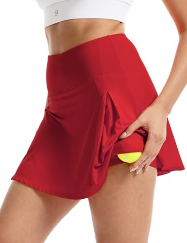 FitsT4 Sports Damen Tennisröcke Hohe Taille Rock Golf Athletisch Laufen Lässig Sport Minirock Workout Rock mit Taschen,Rot,L