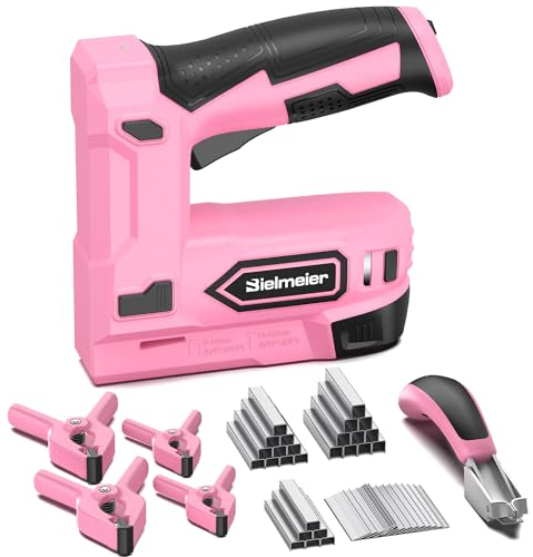 Bielmeier Pistola grapadora eléctrica rosa, 2 en 1, grapadora eléctrica de iones de litio de 4 V, kit de clavadora inalámbrica para tapicería, carpintería, bricolaje con removedor de grapas, clips