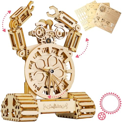 Crafts&Co® 3D Puzzle Holz für Erwachsene | Holzpuzzle 3D | Holzmodelle Bausätze mit Roboter-Design | 3D Holzuhr Modell Bausatz für Montage | Vintage-Uhr