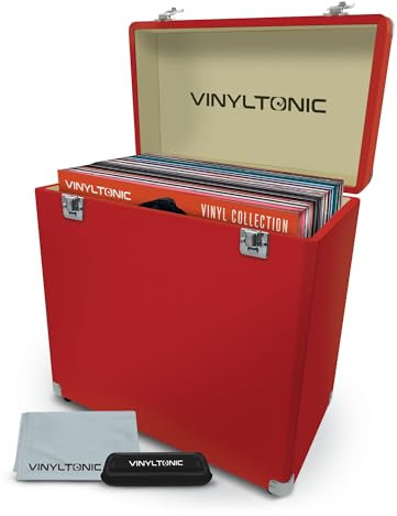 VINYL TONIC 12 Vinyl LP Storage Case | PU Leather | Fully Lined Interior | Reinforced Steel Corners | Cleaning Kit Included (Red)