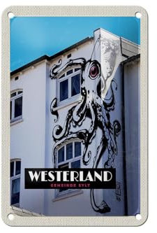 Femer Blechschild Reise 12x18cm Westerland Sylt Tintenfisch Graffiti Schild