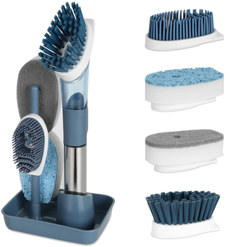 Gucass Juego de Cepillo para Lavar Platos con con Dispensador de Detergente, Cepillo Dispensador Jabón con Soporte y 6 Cepillos de Repuesto, Cepillo de Cocina para Limpieza de Ollas y Fregaderos(Azul)