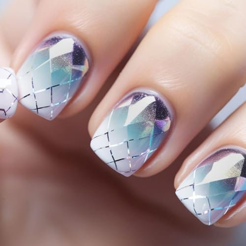 Angwis 24pcs Short Square False Nails Glitter Blue Purple Ombre Stick on Nails Plaid Pattern Press on Nails Removable Glue-on Nails Full Cover Fake Nails Women Brides Nail Art Accessories