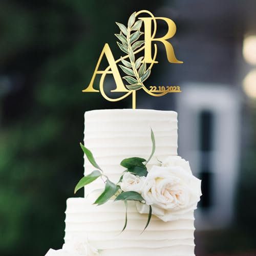 Party to Be Cake Topper Mariage Personnalisé avec Initials et Date Décoration de Gâteau pour Anniversaire de Mariage en Acrylique (Fleur 03)