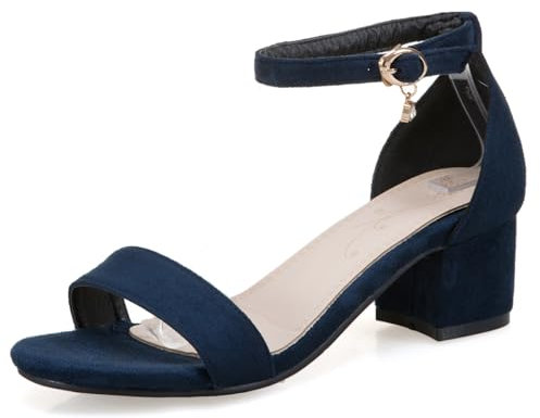 OALEEN Sandales Femme Eté Talon Carré Bride Cheville Nu-pieds Suède Confortable Chaussures Ouverte Soirée Mariage Bleue Marine 38