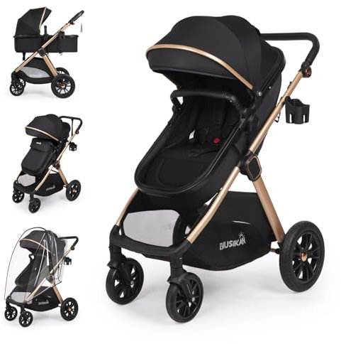 BIUSIKAN 6-in-1-Baby-Kinderwagen mit Stubenwagen-Modus, Kleinkind-Kinderwagen mit Fußsack, Regenschutz, Getränkehalter und großem Stauraum, Reise-Kinderwagen mit großen Rädern, wendbarer Sitz