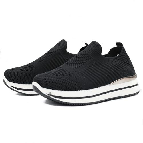 Aspand Collection - Zapatillas Deportivas para Mujer,cómodas Zapatillas ortopédicas con Soporte para el Arco Plantar,Zapatillas Casuales con cuña de Malla Transpirable,Negro,37