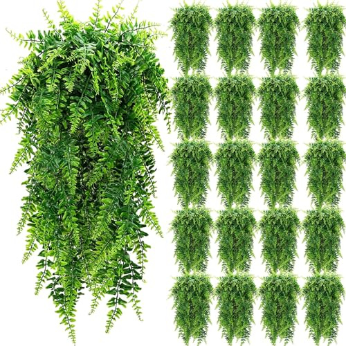 Geosar 20 Pcs Artificial Hanging Plants Boston Ferns 32 Inch Plastic