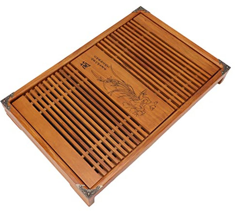 Eujgoov Bambus-Teetablett, Chinesisches Gongfu-Tee-Serviertablett mit Schublade, Wasserspeicher, Entwässerung, Kungfu-Tee-Set, Tisch (Gelbe Orchidee)