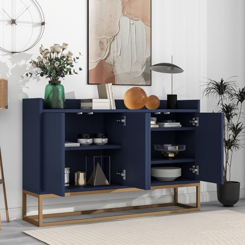 LLODERY Cómoda de 120 x 30 x 80 cm, aparador con 4 Puertas sin Mango, Armario Buffet con Patas de Metal y estantes Ajustables, Adecuado para Comedor, salón, Cocina, Blanco/Negro/Azul (Azul)