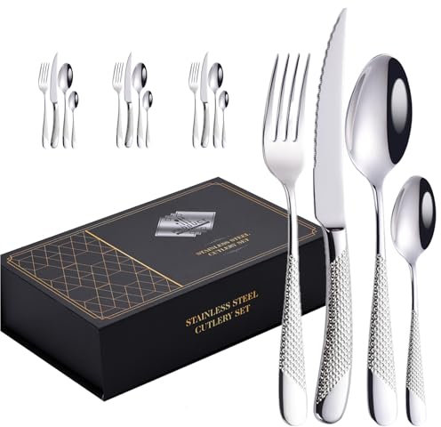 Couverts Ménagères Ensemble De 4 Acier Inoxydable Élégant Sain Durable, Comprend Une Cuillère À Fourchette À Couteau Pour Maison, Hôtel, Restaurant, Nouvelle Maison (Argent,16pcs)