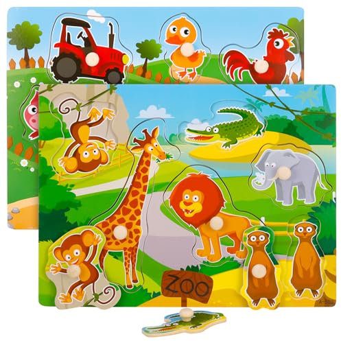 GSrenyu 2 Set Wooden Farm Animals Knob and Pegged Puzzles, Modern Style, 13 Pcs Each, 24 Pcs Total, Ages 3-5