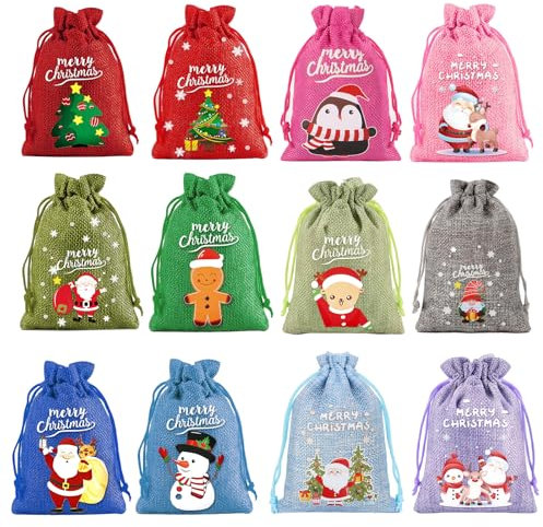 12pz Sacchetti Regalo Natale Colorati 10 * 14cm Sacchetti Portaconfetti Natalizi Iuta Bomoniere Addobbi Decorazione Albero di Natale Calendario dell'Avvento Natalizio