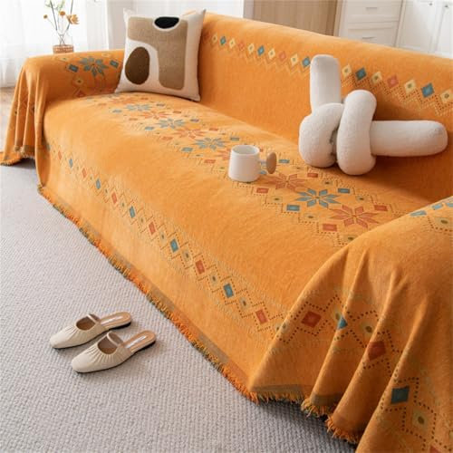 Highdi Sofadecke, Böhmischer Stil 1 2 3 4 Sitzer Sofa Überzug L Form Sofabezug Ecksofa Universelle rutschfeste Couch Überzug Einteiliger Vielseitige Sofa Cover Decke (180x400cm,Orange)