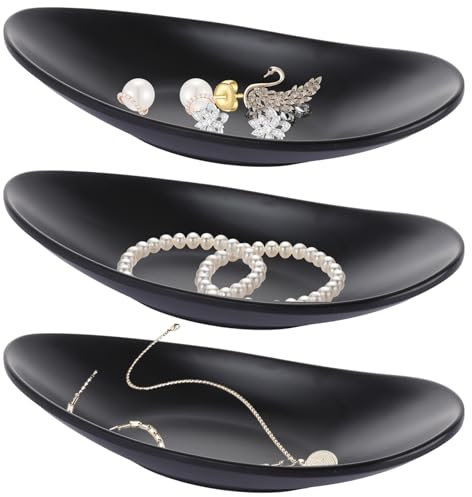 ZOFUN 3 Pcs Key Trays, 21.4 x 10.8 x 4.4 cm Key Bowl for Hallways, Frosted Black Key Dishes Decorative Trinket Dishes, Multi-purpose Oval Jewelry Trays for Entryway, Table, Home Dresser