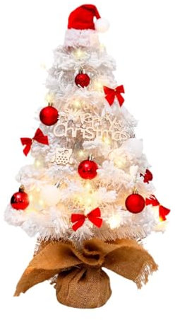 Amagogo Tisch-Weihnachtsbaum, Mini-Weihnachtsbaum mit 20 LED-Lichtern, weiß beflockte Weihnachtsdekoration für Zuhause, Büro, Party, 45 cm