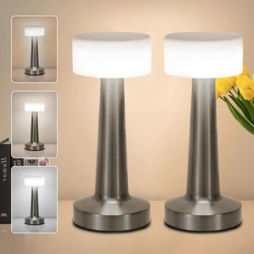 KUWUNG LED Tischlampe Kabellos, 2 Stück Dimmbare touch lampe, Tischlampe Dimmbar mit BerüHrungssensor, 3 Lichtmodus Dimmbare, Tischlampe Silber für Schlafzimmer, Esszimmer