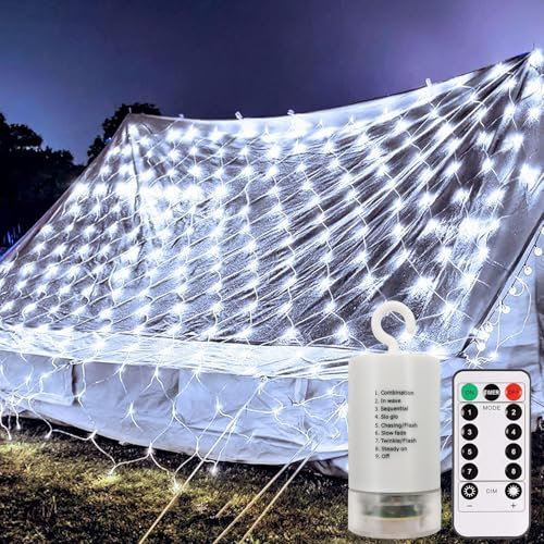CCILAND 3M x 2M Battery Garden Net Lights, 200 LED Mesh Lights with Remote 8 Modes Fairy Lights String Outdoor Waterproof Dimmable for Backyard Bedroom Ceiling Patio Tree Decor (Cool White)