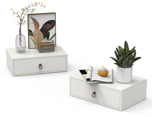LEADZM Tables de Chevet Suspendu Suspendues Lot de 2 Tables de Nuit Murale 1 Tiroir pour Chambre Salon Blanc 46 x 30 x 14,5cm (2, Blanc)