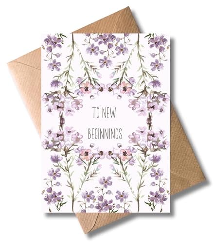 WBdesignz Grußkarte „To New Beginnings“ – florale Karte für Neuanfang, Neustart, Abschied, Ruhestand oder neues Kapitel – edles Design mit Blumen – inkl. Umschlag – DIN A6