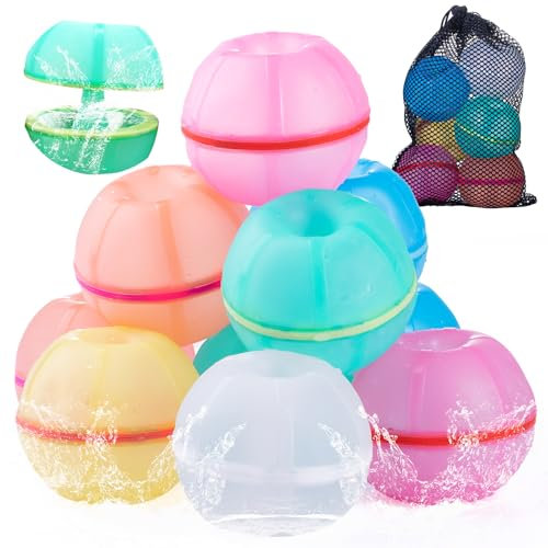 YOSTAR Magnetic Water Balloons, 12pcs Refillable Reusable Water Bombs, Self-Sealing Quick Fill Water Balloons, Summer Silicone Water Balls With Mesh Bag, Outdoor Garden Pool Toys For Kids Adults Party