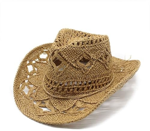 Cazqgoy Cowboy Hat Straw Hat Women Men Western Cowboy Hat Cowgirl Hats Panama Hat Western Hat Summer Hat, khaki, L