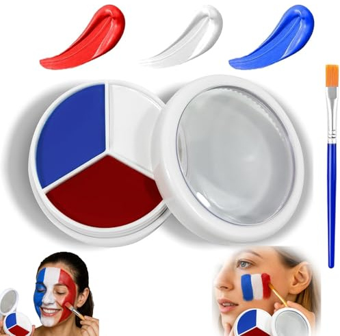 Face Painting Kit, Oil-Based Blue, Red And White Palette With Brush | Compact Round Case, 3 Separate Compartments, Hinged Clear Lid, For Cosplay, Stage Performances, Costume Events And Parties