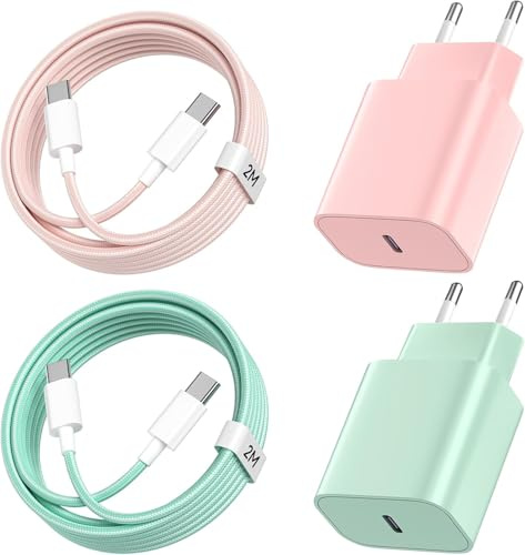 Kndaa 2Pack Caricatore per iPhone 16/16 Plus/16 Pro/16 Pro Max/15/15 Plus/15 Pro/15 Pro Max, 20W USB C Caricabatterie Rapido con 2M Cavo Tipo C, PD3.0 Spina Adattatore per iPhone 16 15 - Verde+Rosa