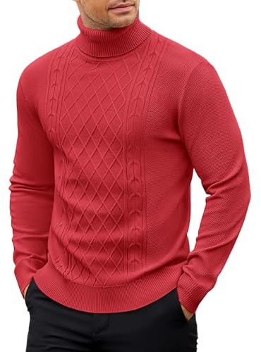 COOFANDY Jersey con Cuello Vuelto para Hombre Sueter de Punto Fino de Manga Larga Jersey Cuello Alto Sueter Básico de Corte Entallado Vestir Sweater Rojo XXL