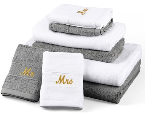 Peryiter 6-teiliges Handtuch-Set mit Mr und Mrs-Motiv, Flitterwochen-Geschenke für Paare, Braut, Bräutigam, 100 % Baumwolle, Reise-Badezimmer-Handtuch für Valentinstag, Hochzeit, Brautparty, Grau