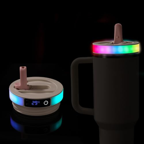 BTFO Colorful LED Flip Straw Tumbler Lid for Stanley Quencher H2.0/ProTour 40oz Tumbler, Cup Cover Top Replacement Accessories Parts with 12 Flash Light Mode & Temperature Sensor Display (Pink)