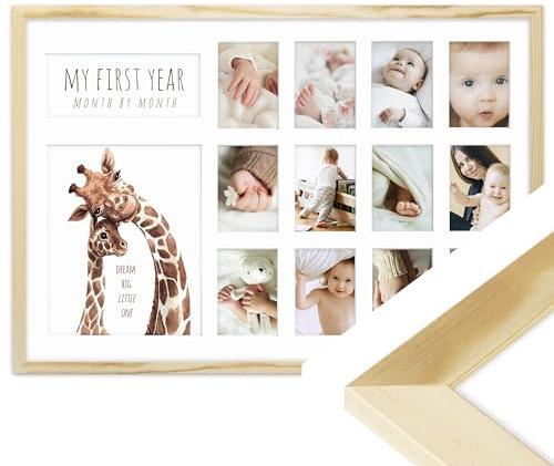 FRAMAI® Bilderrahmen Das Erste Jahr, Monat für Monat Fotocollage, 40x60 cm, Rechteckig, Modern Rustikaler Stil, Giraffen-Design, Kinderzimmer Deko mit Passepartout Natürlich