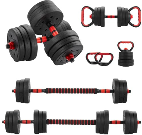 TEENO Kit Haltères Musculation 6-en-1, 20 kg, Comprend des kettlebells, des haltères, des barres et des supports pour pompes, adaptés à la remise en forme à domicile