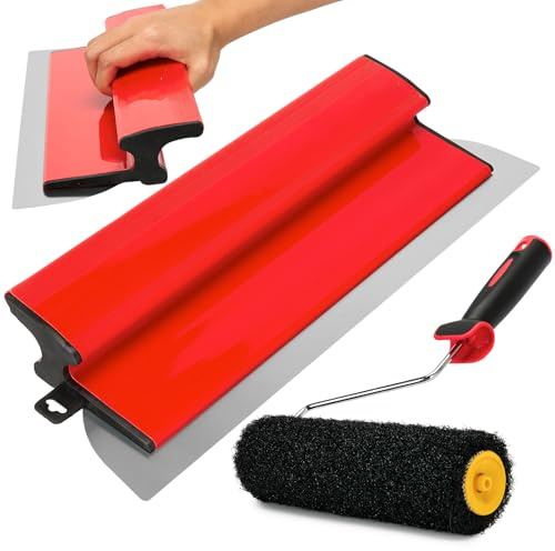 40cm/16Inch Flächenspachtel Set mit Spachtelwalze 23cm, Rot | Edelstahlklinge Spachtel + Roller für Spachtelmassen Beschichtungsroller Werkzeug für große Bau Arbeitsbereich Wand Deko