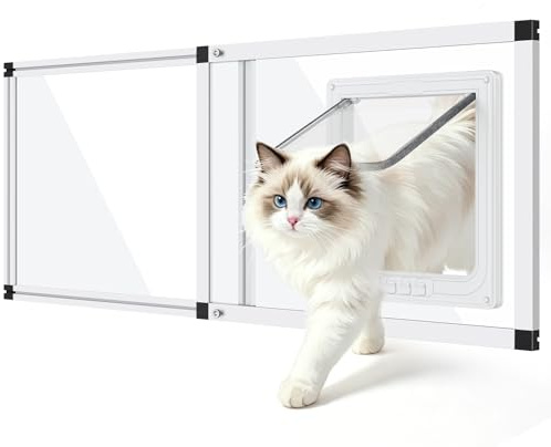 Unbreakable PC Cat Door for Window – 100% Polycarbonate | No Metal Frame & Glass | Fits 28.5-32 Width Window, 1-Min Install, Adjustable Window Cat Door Insert with 4 Locking Models