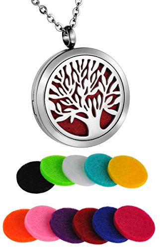 HOUSWEETY Personalized Engraved Tree of Life Aromatherapy Essential Oil Diffuser Necklace, Stainless Steel Locket Pendant with 24 Chain + 11 Felt Pads