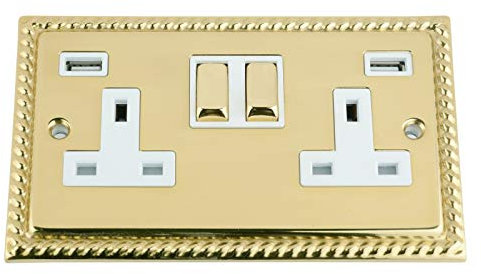 USB Socket 2 Gang - Polished Brass Georgian White Insert Metal Rocker Switch (3100mA).