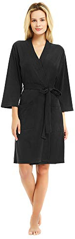 U2SKIIN Morgenmantel Damen 100% Baumwolle, leichter Bademantel Kimono Saunamantel Loungewear Hausmantel kurz (Schwarz, XL)